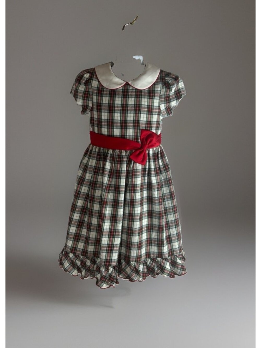 Bonnie Jean Girls Size 6X Dress Red Bow Sash Plaid Gathered Ruffled Zip Back